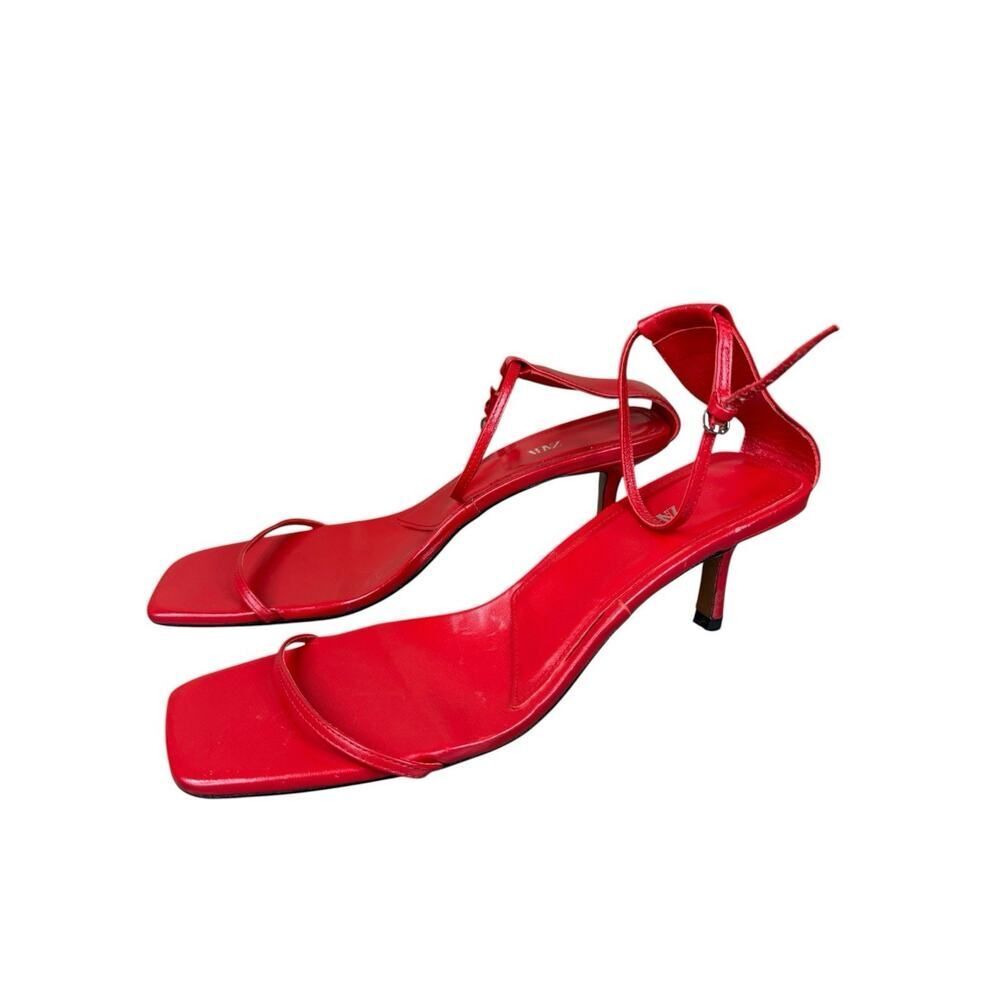 ZARA Red Leather Strappy Heels Square Toe Ankle Strap Sandals EU 42 US 11 - Picture 7 of 11